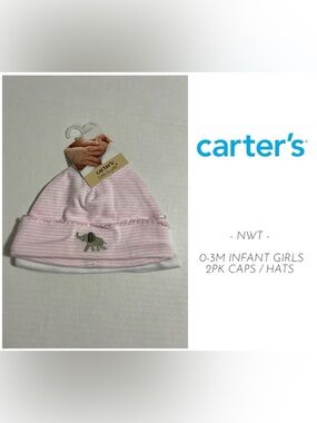 🆕CARTER’S - 0/3M - NWT - 2PK INFANT GIRLS PINK AND WHITE ELEPHANT CAPS / HATS